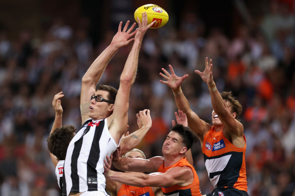 Mason Cox had a quiet night in Collingwood’s opening round loss to GWS in Sydney.