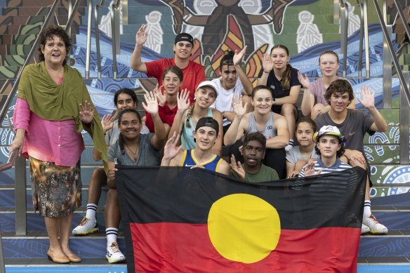 Evonne Goolagong Cawley and Ash Barty at Melbourne Park with the Australian Open’s first ever First Nations ballkids squad.