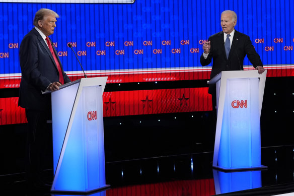 President Joe Biden, right, and Republican presidential candidate former President Donald Trump, left, participate in a presidential debate hosted by CNN.
