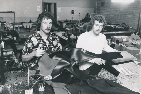 Brian Singer and Rod Barr making wetsuits in the Torquay factory in 1975.
