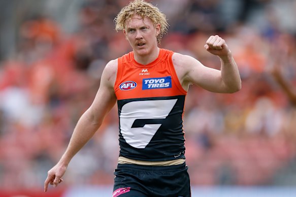 Happy days: Clayton Oliver in action on Saturday.