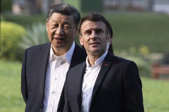 Chinese President Xi Jinping and Emmanuel Macron during the French president’s recent visit to Beijing.