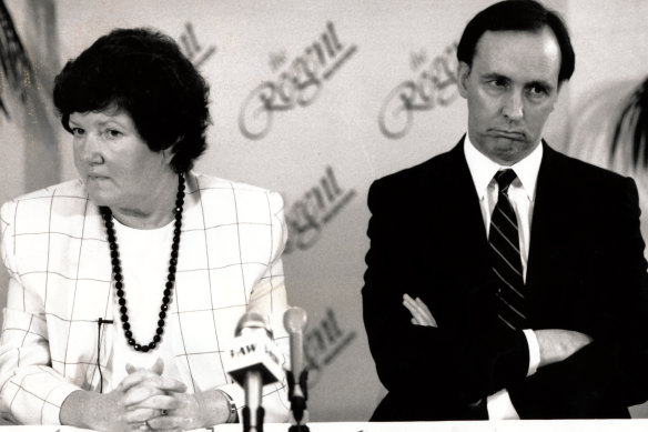 August 1990:  Just 17 days after she became premier, Joan Kirner and federal treasurer Paul Keating announce the sale of the State Bank of Victoria.