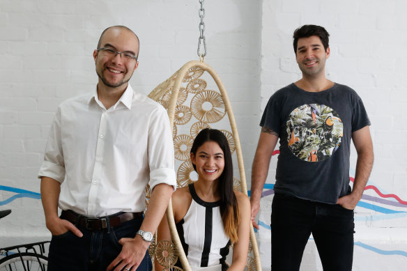 Canva co-founders Cameron Adams (left), Melanie Perkins and Cliff Obrecht. 
