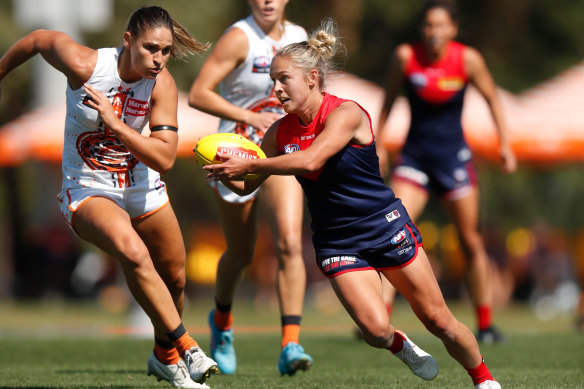 Tyla Hanks makes a run for the Demons in their win over GWS.