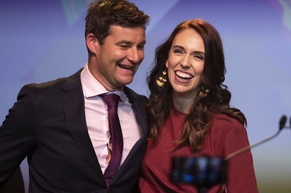 Jacinda Ardern is congratulated by her partner Clarke Gayford after she won a second term as New Zealand Prime Minister last year.