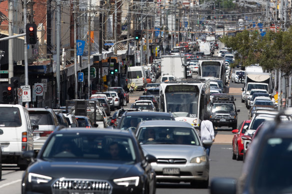 Trams are brought to a standstill in the bottleneck of Sydney Road.