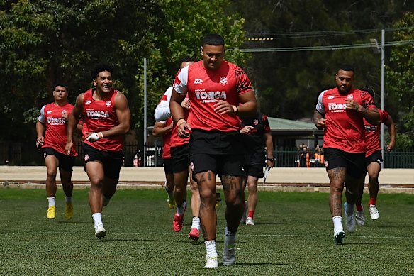 The Tongan team trains before their blockbuster group game against Samoa at CommBank Stadium on Sunday.