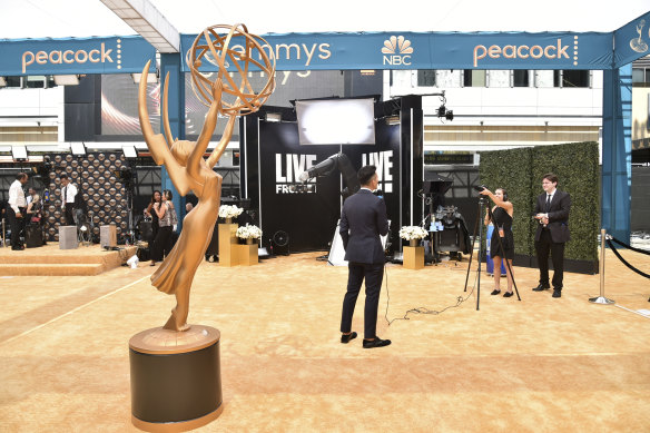 A view of an Emmy’s statue appears before the red carpet at the 74th Primetime Emmy Awards.