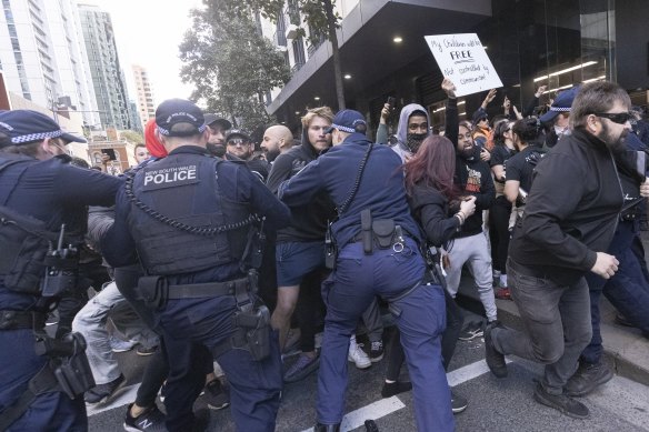 Police and protestors at an anti-lockdown protest in Sydney’s CBD on July 24.