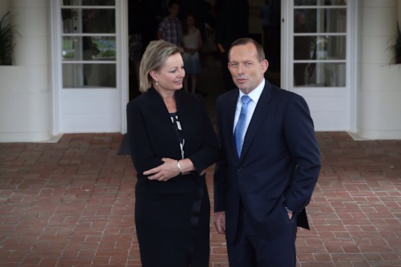 Sussan Ley with then-prime minister Tony Abbott after she was sworn in as minister for health and minister for sport in 2014.