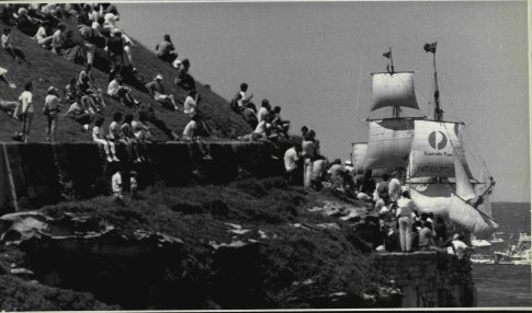 Aboriginal protesters at La Perouse as The Bounty heads into Botany Bay on January 18, 1988.