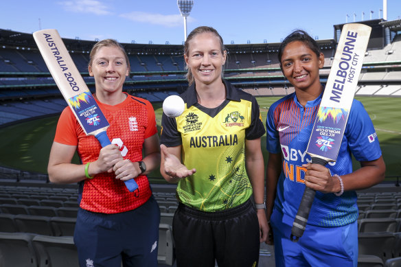Captains Heather Knight of Great Britain, Meg Lanning of Australia and Harmanpreet Kaur of India.