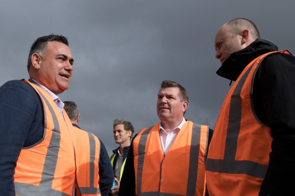 Deputy NSW Premier John Barilaro (left) with Dubbo MP Dugald Saunders and Energy and  Environment Minister Matt Kean (right), at the South Keswick solar farm near Dubbo.