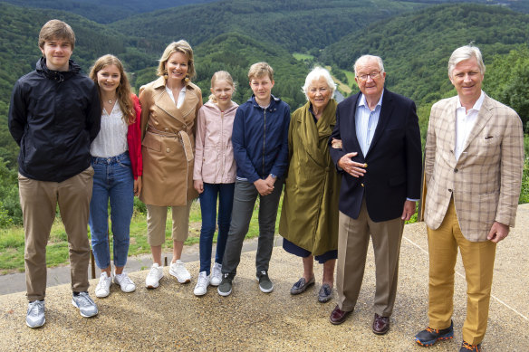 Royal inner circle, from left, Prince Gabriel, Princess Elisabeth, Queen Mathilde, Princess Eleonore, Prince Emmanuel, former queen Paola, former king Albert II and King Philippe during a royal visit to the Giant's Tomb in Bouillon, Belgium, in June.