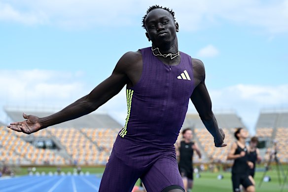 Gout Gout claims victory in the under-20 100 metres at the Queensland athletics championships on Saturday.