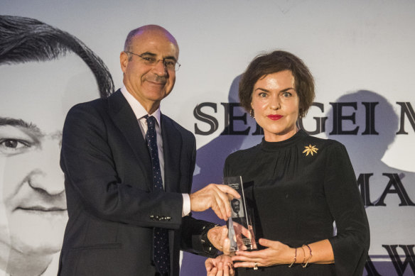 Businessman Bill Browder with Labor Senator Kimberley Kitching at the Sergei Magnitsky Human Rights Award ceremony in 2021.