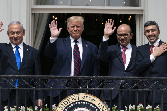 Israeli Prime Minister Benjamin Netanyahu, left, President Donald Trump, Bahrain Foreign Minister Khalid bin Ahmed al-Khalifa and UAE Foreign Minister and Crown Prince Abdullah bin Zayed al-Nahyan.