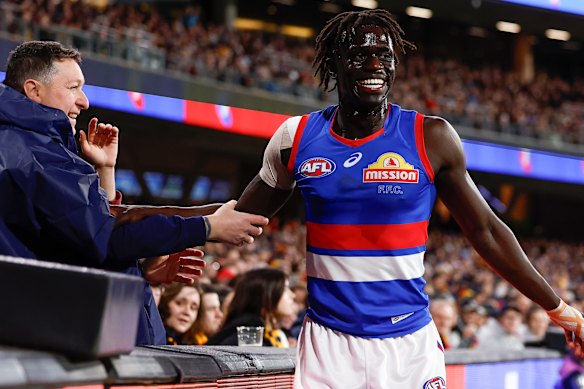Buku Khamis is assisted by a Crows supporter after running into the fence on Saturday night.