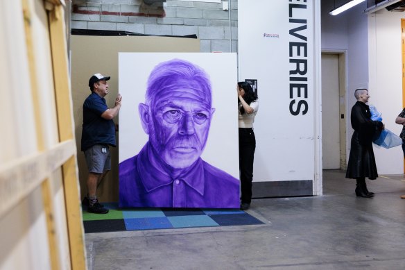 A portrait of David Polson by the artist Alun Rhys Jone arrives at the Art Gallery of NSW in 2023.