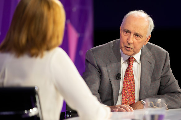 Sales interviews former prime minister Paul Keating at a conference in February 2021.