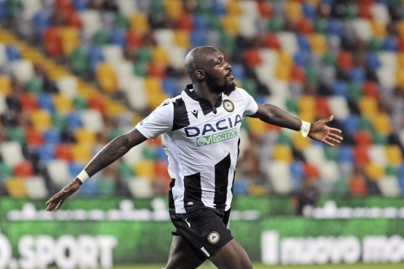 Seko Fofana celebrates Udinese's shock winner over Serie A champions elect Juventus.