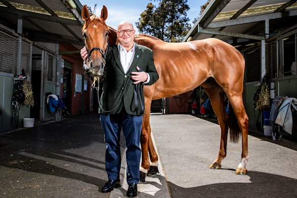 Tony McEvoy stands proudly with last year’s Caulfield and Melbourne Cup winner Half Yours, who is attempting to become the first back-to-back winner of the Caulfield Cup in 71 years.