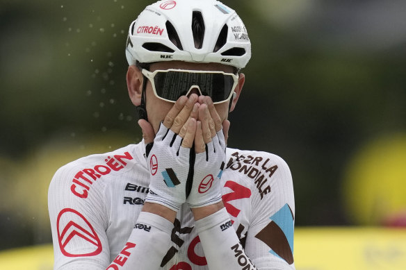 Ben O’Connor crosses the line in Tignes to win stage nine. 