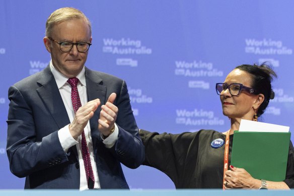 Prime Minister Anthony Albanese and Indigenous Australians Minister Linda Burney at the Labor national conference in Brisbane on Saturday.