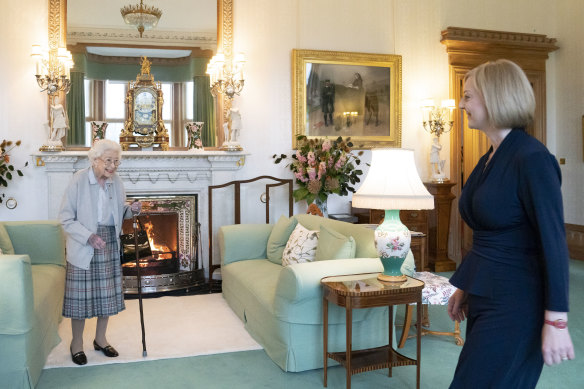 Queen Elizabeth greets newly elected leader of the Conservative party Liz Truss as she arrives at Balmoral Castle.
