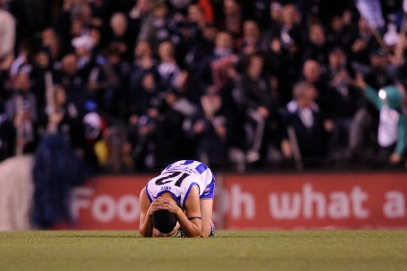 North’s Lindsay thomas shattered after the one point loss to Carlton.