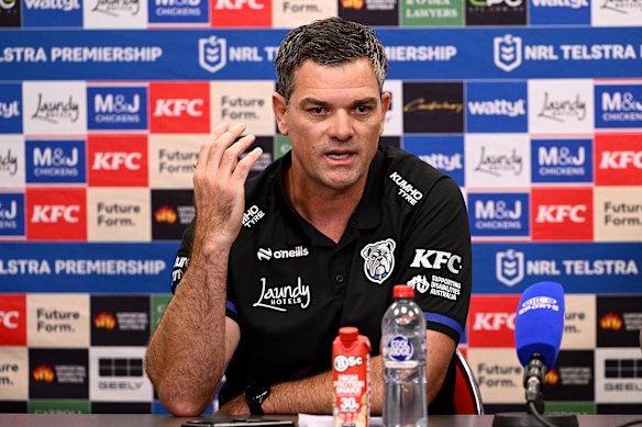 Bulldogs coach Cameron Ciraldo speaks after the loss to the Dolphins.
