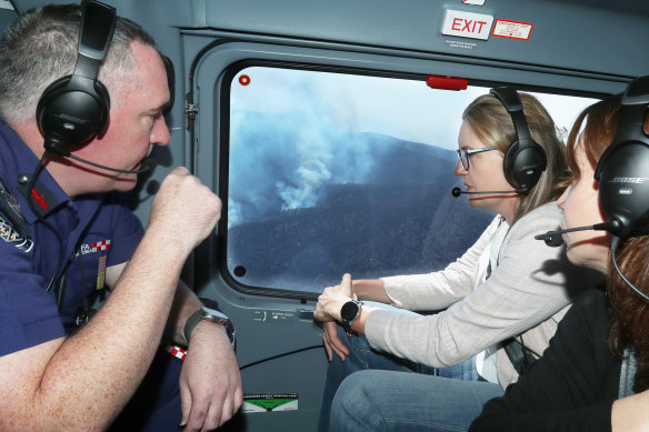 Premier Jacinta Allan surveying bushfires earlier this year.