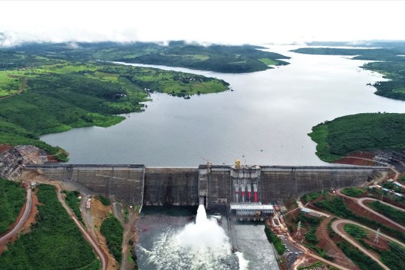 An aerial view of the Chinese-built Souapiti Hydropower dam in Guinea.