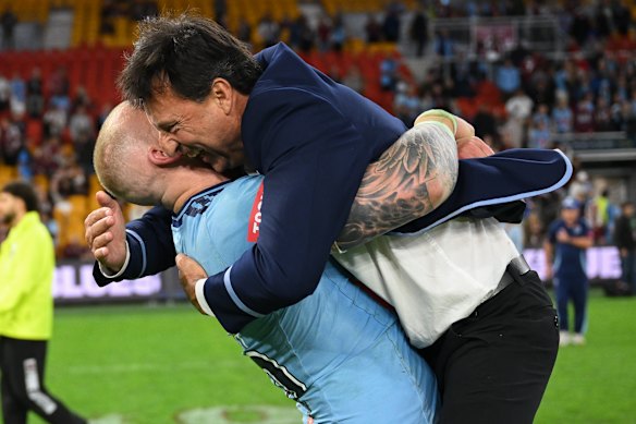Laurie Daley celebrates the NSW Origin series win.