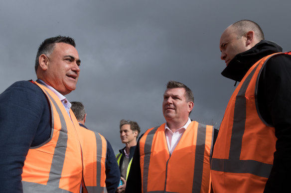 Policy stand-off: Deputy NSW Premier John Barilaro (left) with Dubbo MP Dugald Saunders and Energy and Environment Minister Matt Kean (right) visit a solar farm near Dubbo in June.