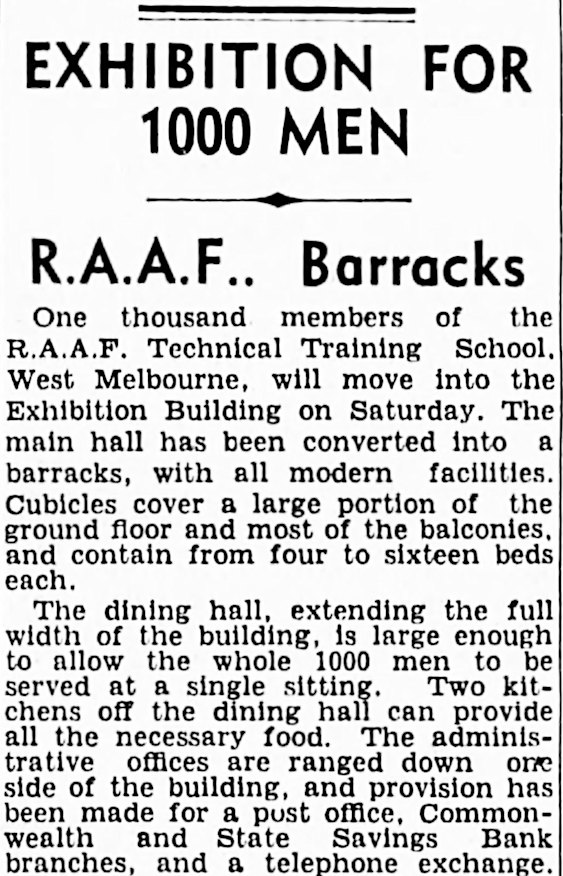 Article published on March 20, 1941 about how RAAF trainees would move into the Royal Exhibition Building.