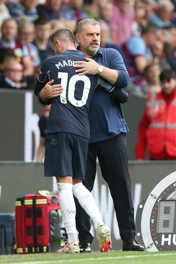 Ange Postecoglou embraces James Maddison earlier this season.