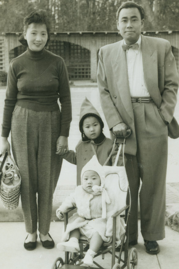 Lindy Lee and family, Brisbane, 1957, left to right: mother Lily Lee Kam Lan, Lindy Lee, sister Joyce Lee-Horn (nee Lee) and father Phillip Lee Kam Chee.