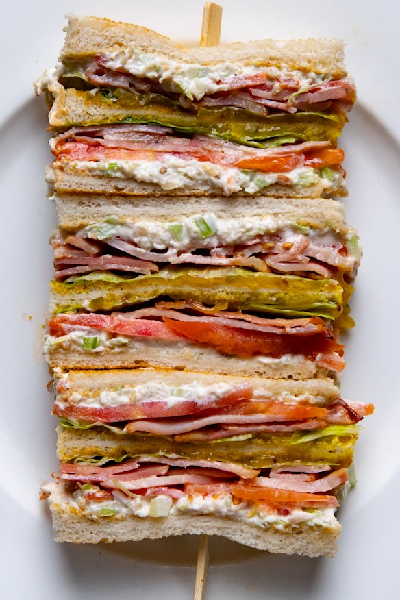 Club sandwich made with offcuts from the dinner-menu chicken breast.