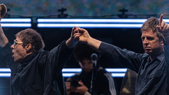 Liam and Noel Gallagher during the first Oasis show at Melbourne’s Marvel Stadium.