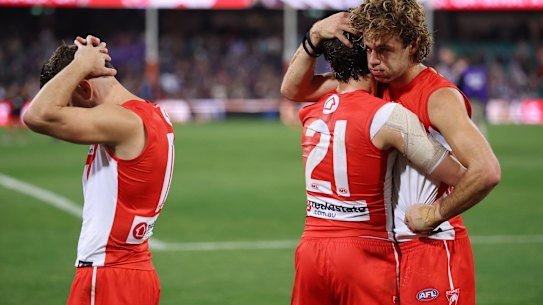Swans players Tom Papley, Errol Gulden and James Rowbottom after Friday’s loss to Fremantle.