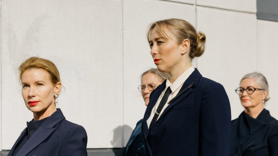 Kirsha Kaechele (left) and supporters arrive  at court for the anti-discrimination case launched by Jason Lau.