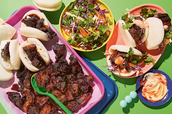 Store-bought bao and slaw transform glazed pork belly bites into a speedy weeknight dinner.