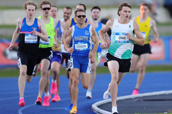 Peyton Craig in an 800 metres heat at the 2024 national championships. Part of a new, deep pool of local middle distance talent, the 19-year-old finished third in the final, just behind Olympic hero Peter Bol.