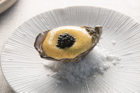 Fresh oyster topped with a buttery beef tartare, then crowned with a dollop of sabayon and caviar.