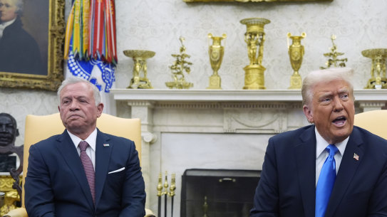 President Donald Trump speaks with Jordan’s King Abdullah II in the Oval Office at the White House.