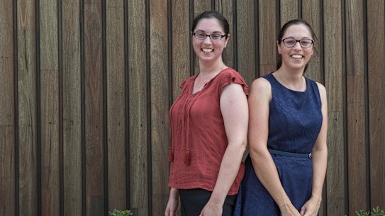 Identical twins Sarah (left) and Abi Brooker,