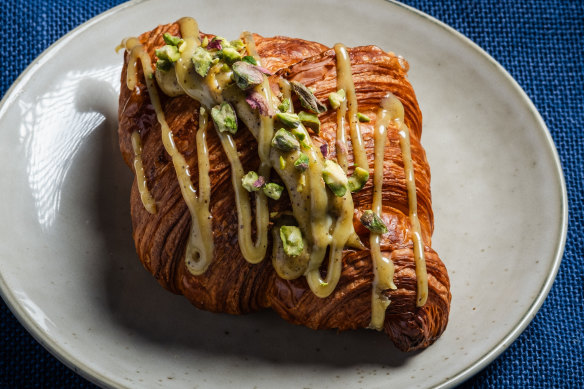 The Persian-inspired croissant flavoured with pistachios and rosewater from OCAB Bakery, Yarraville.