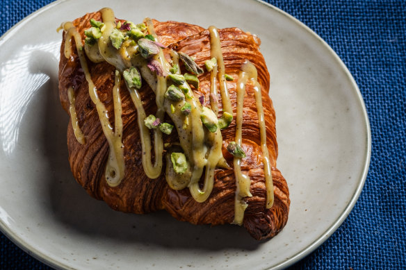 The Persian-inspired croissant flavoured with pistachios and rosewater from OCAB Bakery, Yarraville.